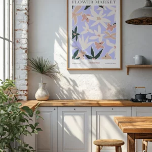 FlowerMarket Austria with a wooden frame on a kitchen wall