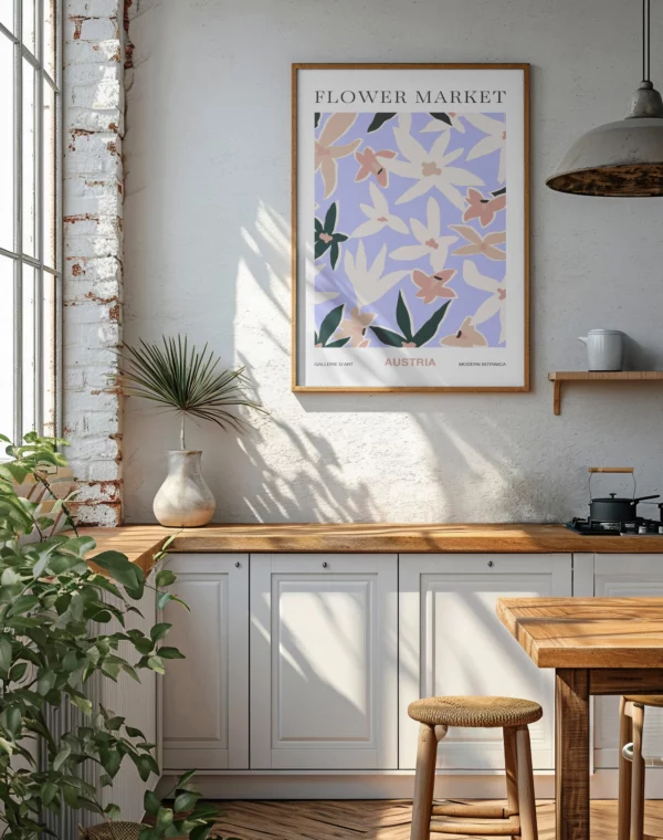 FlowerMarket Austria with a wooden frame on a kitchen wall