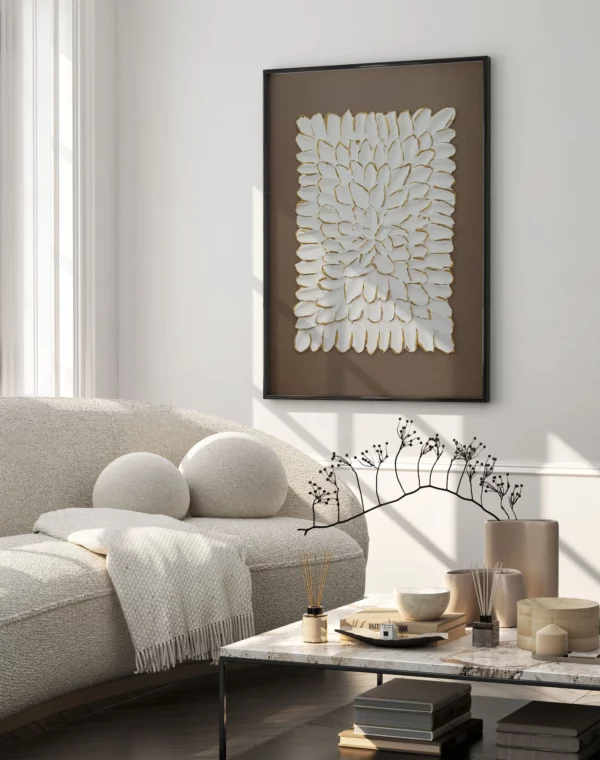 Textured Art Fusion with black wooden frame on the wall in a beige livingroom scene