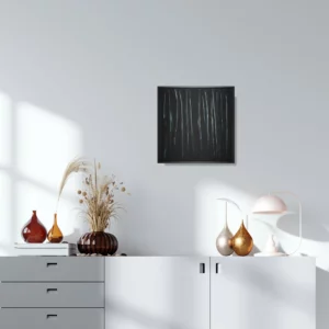 Textured Art Nighttime Sheets black framed on a white wall over a white modern livingroom board