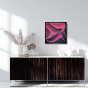 Textured Art Pink Bubble Gum black framed on the wall over a wooden livingroom board