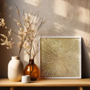 Textured Art Shine framed in front of a beige wall beside plants