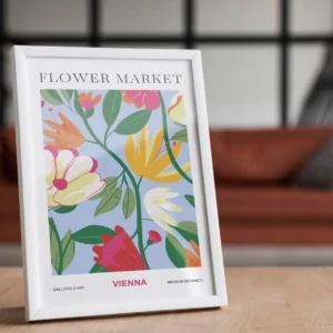 FlowerMarket Vienna with white frame on a livingroom table